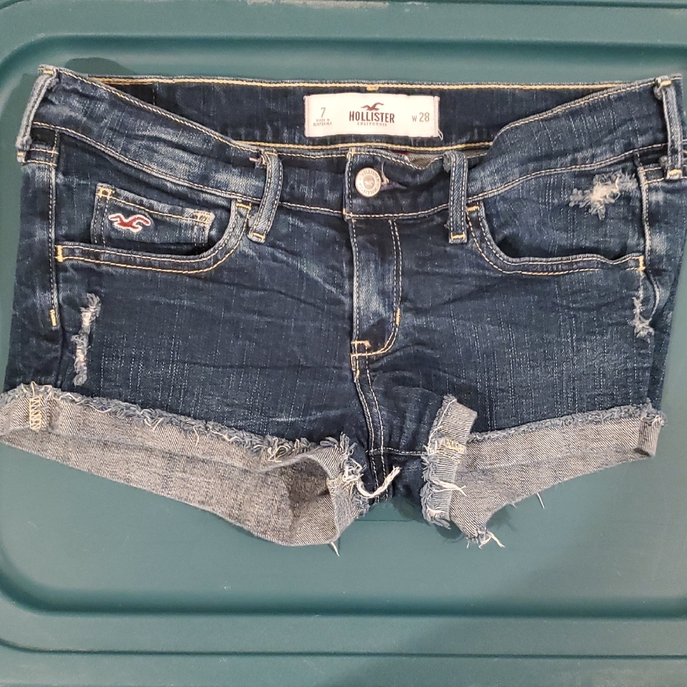 Hollister Dark Blue Distressed Rolled Hem Denim Shorts
